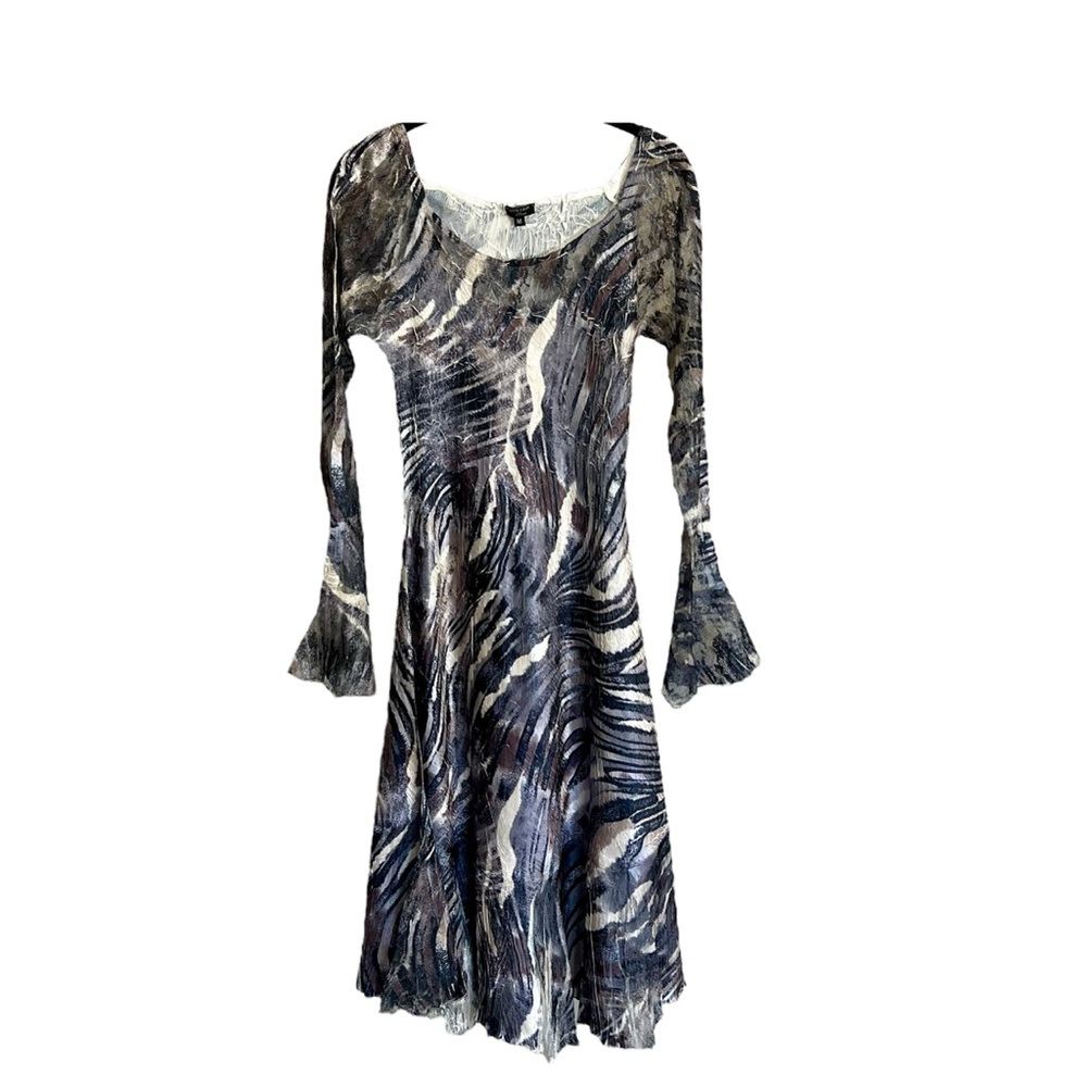 Komarov crinkle abstract animal print long sleeve midi dress bell sleeve artsy M